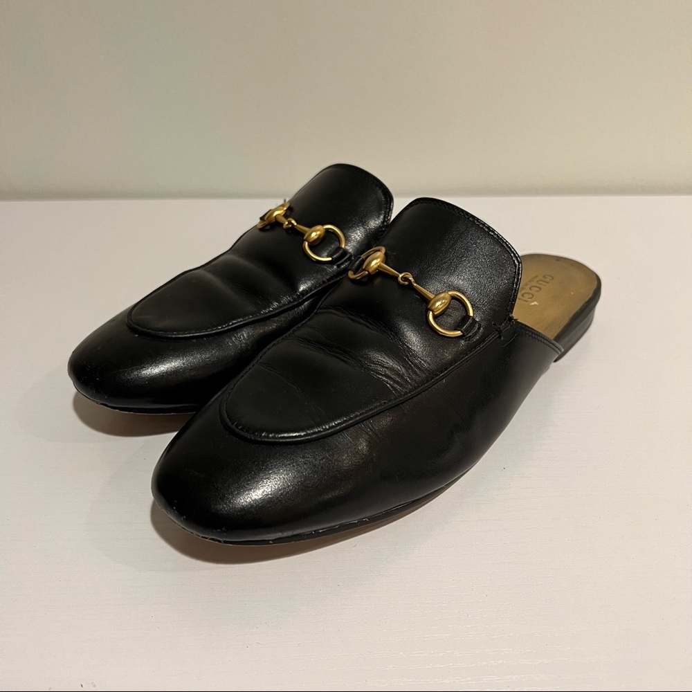 Gucci - Princetown Black and Gold Leather Loafers Mules Slippers Size 40